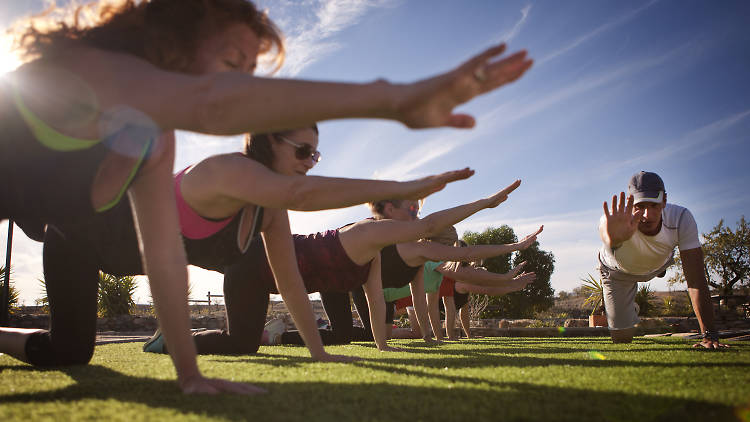 A group of people exercising in the sun.