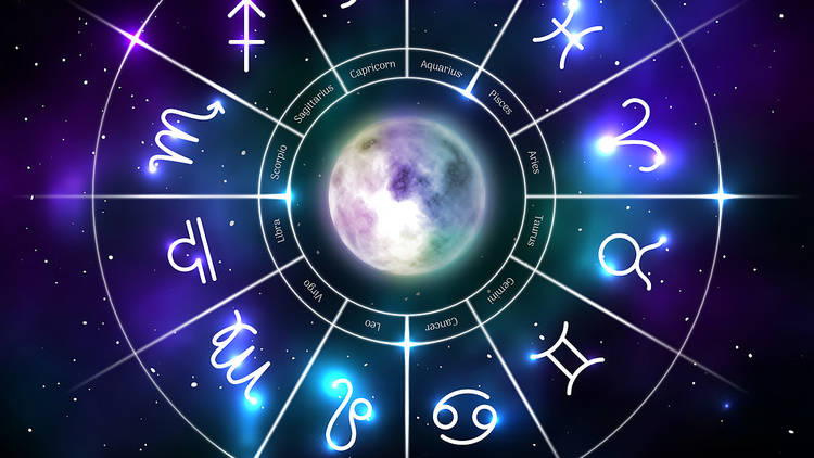 Mystic zodiac wheel with star signs in neon style