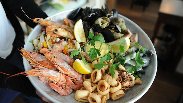 A plate of seafood at Pescheria restaurant in Munich