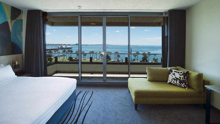 Interior of hotel room, with an ocean view