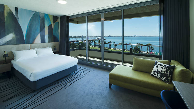 Interior of hotel room with ocean view