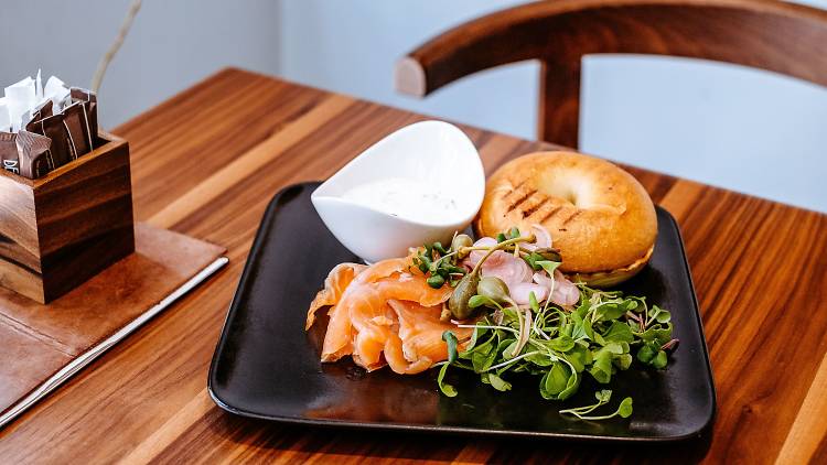 Bagels with salmon gravlax, cream cheese and capers