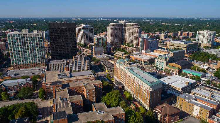 An aerial view of Evanston