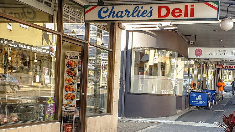 The exterior and signage of Charlie's Deli in Petersham