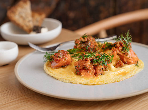 Quick Brown Fox Eatery Scrambled eggs with smoked salmon at Quick Brown Fox Eatery in Pyrmont
