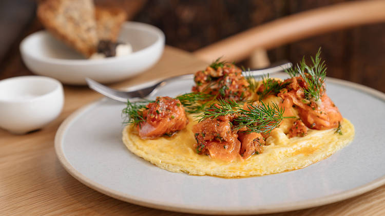 Scrambled eggs with smoked salmon at Quick Brown Fox Eatery in Pyrmont