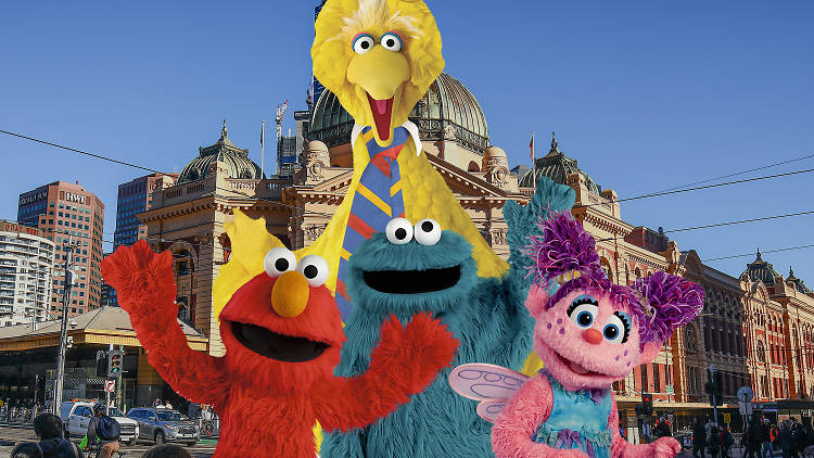 Sesame Street characters in front of Flinders Street Station