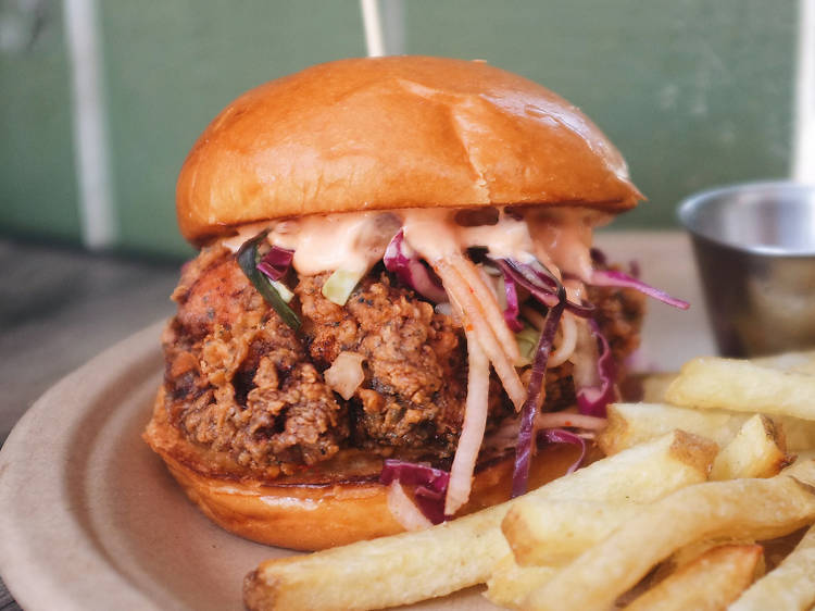 Thai tea fried chicken sandwich at Bamboo Club