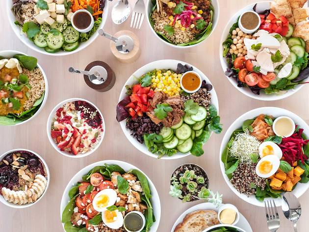 Bliss Bowls An overhead shot of breakfast and lunch bowls at Bliss Bowls