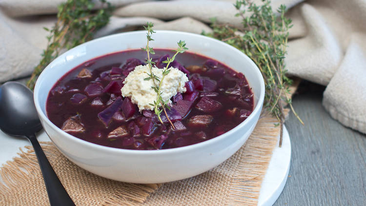 Borscht Soup In a White Bowl Top View With Thyme (Flip 2019) (Fl