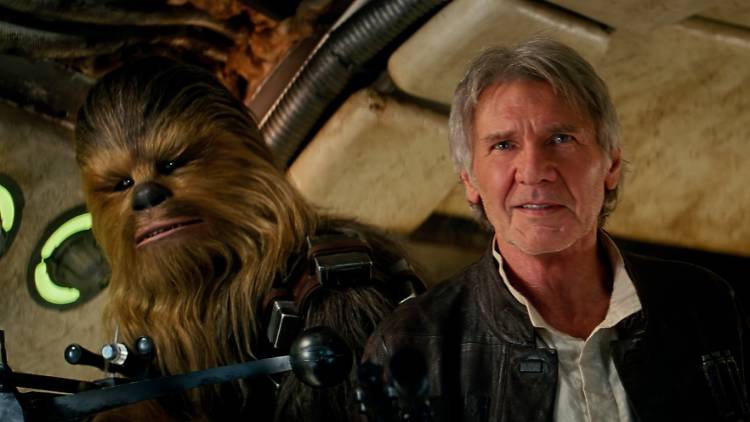 Han Solo and Chewie on the Millennium Falcon.