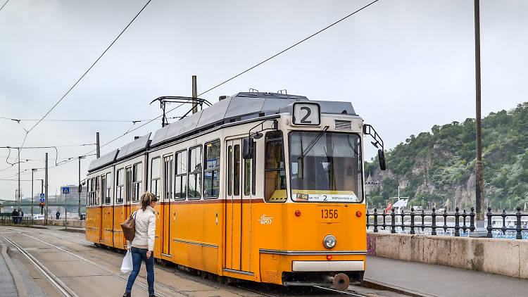 One of Budapest’s iconic yellow trams