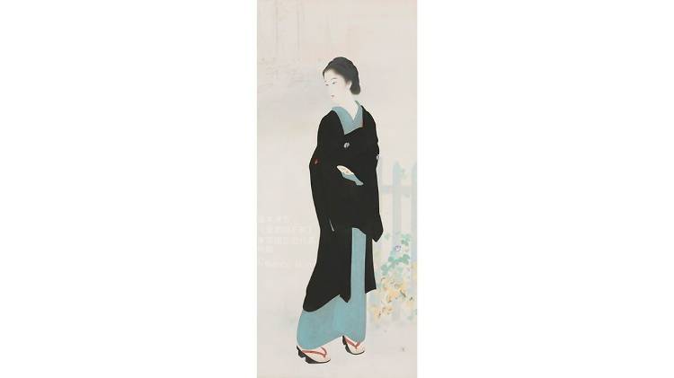 Kaburaki Kiyokata Tsukiji Akashi - cho Town 1927 , color on silk, hanging scroll, The National Museum of Modern Art, Tokyo