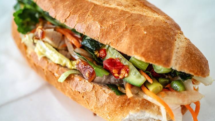 A close-up of a Vietnamese banh mi 