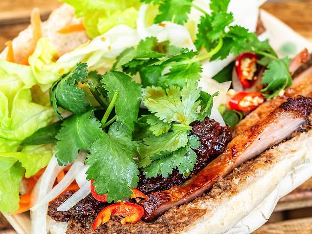Banh mi at Alex 'N' Rolls Banh mi sliced in half at Alex 'N' Rolls