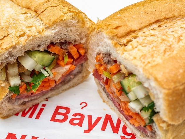 Banh mi at Banh Mi Bay Ngo A banh mi sandwich sliced in half at Banh Mi Bay Ngo