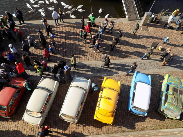 Vintage cars along Naplavka riverbank in Prague