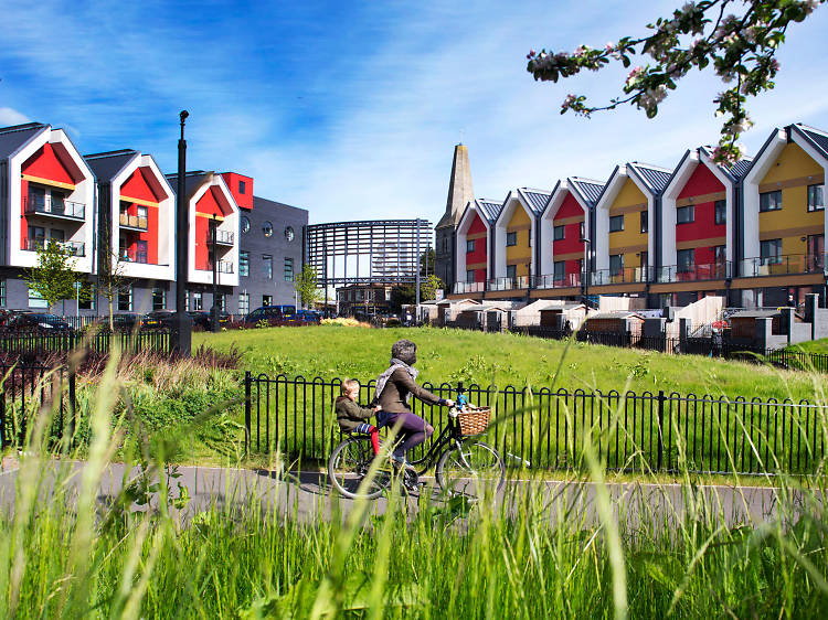 A cyclist in a residential area of Easton neighbourhood, Bristol