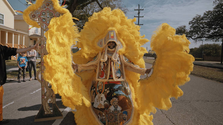 Big Chief Demond Melancon of the Young Seminole Hunters on St. Claude Avenue in New Orleans in 2018