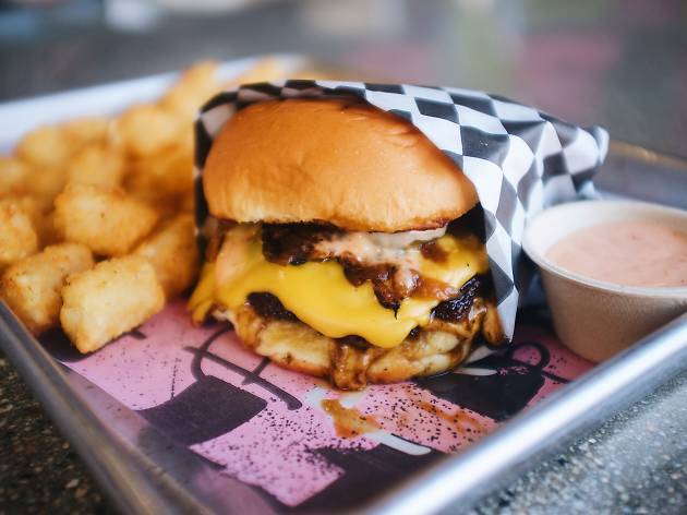 Paperboy Pizza Jeremy Fall burger in Gallery Food Hall Santa Monica