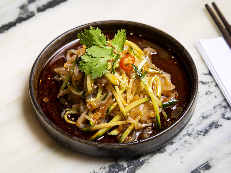 Shredded jellyfish in black vinegar sauce at Sichuan Grand