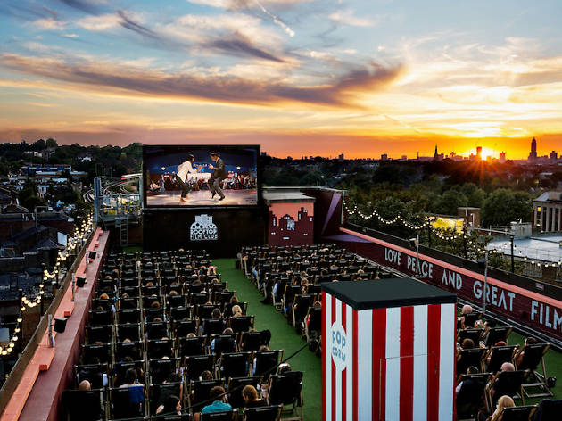 Rooftop Cinema Film Club at sunset for Belt and Braces PR at Bussey Building, Peckham, London, Britain on 23 August 2016. Rooftop Cinema Film Club at sunset for Belt and Braces PR at Bussey Building, Peckham, London, Britain on 23 August 2016.