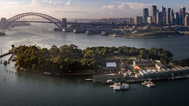 Ariel image of Goat Island and the city.