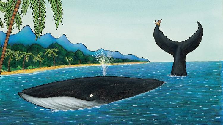 A colourful illustration of a humpback whale swimming past a beach with a small snail hitching a ride atop his tail