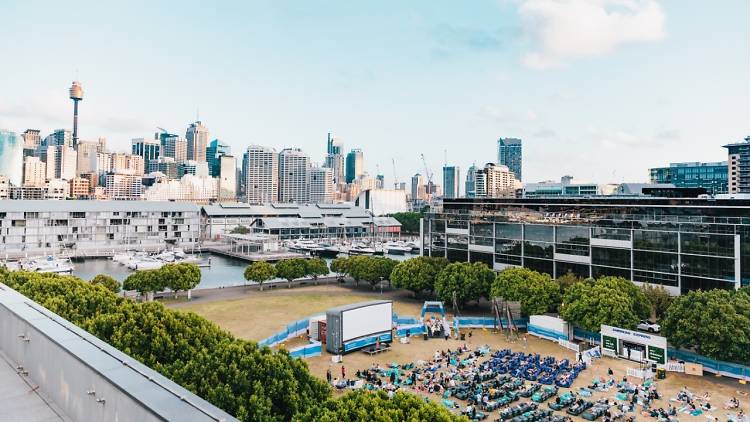 outdoor cinema in Pyrmont with Sydney skyline in background