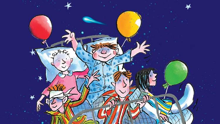 An illustration of a group of children in pyjamas riding though the night sky on a hospital bed with colourful balloons tied to it.