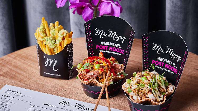 Noodle dishes and chips by Mr Miyagi.