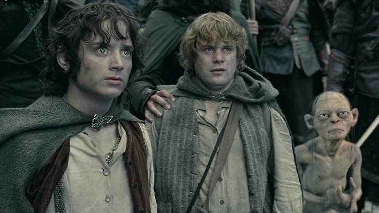 Frodo, Sam and Gollum look worried. 