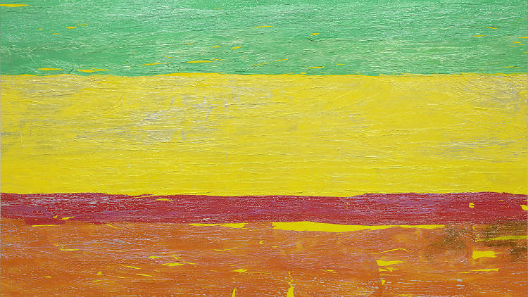 A painting of green, yellow, red and orange bars