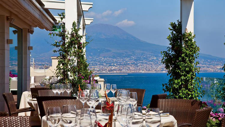 Views of Vesuvius from the roof garden restaurant at Grand Hotel Vesuvio