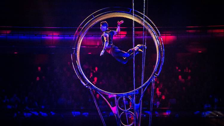 An aerial performer leaps through the air in a spinning wheel contraption. 