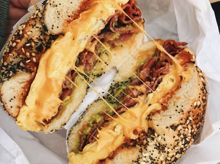 Pastrami breakfast sandwich at Belle’s Bagels