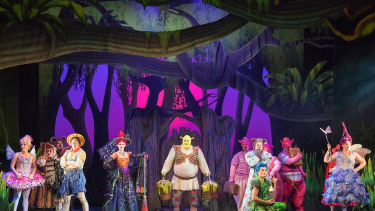 Cast onstage in performance of Shrek the Musical