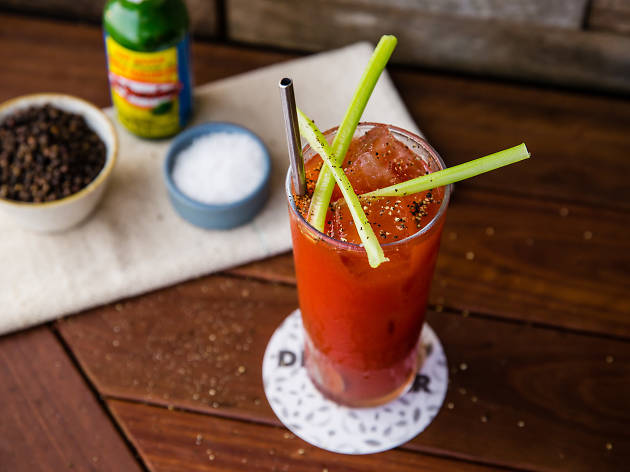 Bloody Mary at Dead Ringer A Bloody Mary on a table at Dead Ringer
