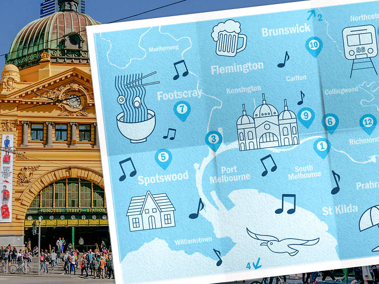 An illustration of a map of Melbourne overlaid on a photo of Flinders Street Station