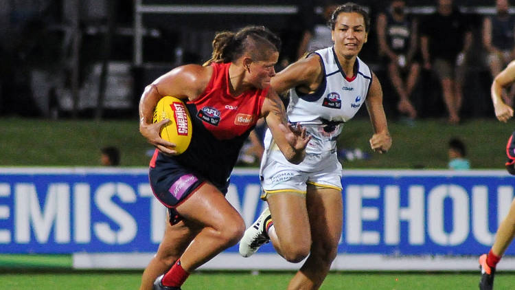 Chelsea Randall of the Demons flies for a mark during the 2016 Womens All Stars match between the Western Bulldogs and the Melbourne Demons