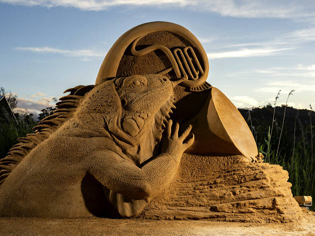Animalia in Sand A sand sculpture of an iguana blowing an instrument