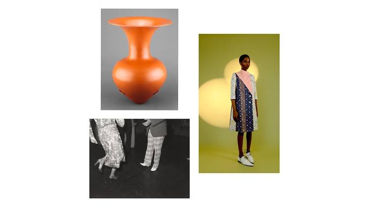 Clockwise from top: Magdalene Odundo, Teardrop I, 1996. Collection The Art Institute of Chicago, © Magdalene Odundo, Photo: The Art Institute of Chicago/Art Resource, NY. Duro Olowu, Spring/Summer 2020, Look 1. Photo: Christina Ebenezer. Jonas Dovydenas. 