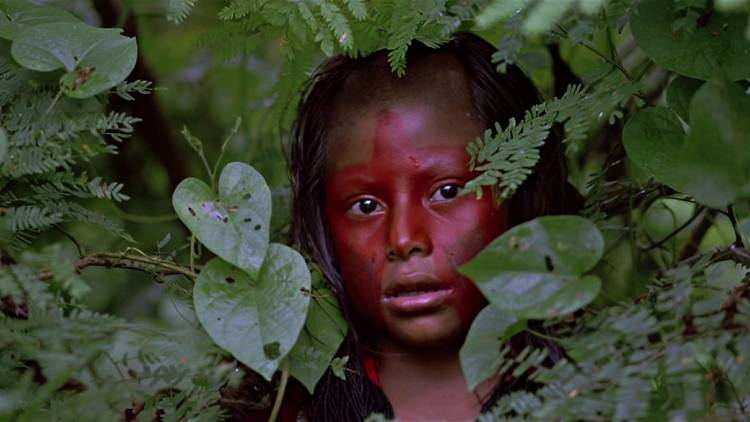 Young girl with tribal face paint on in a forest 