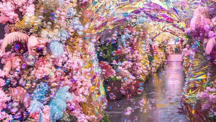 A laneway filled with pastel flower arches, floating bubbles and iridescent arches.