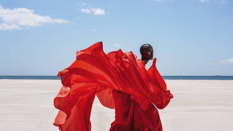 Photograph of a woman artistically fanning a red dress on a flat beach under a almost cloudless sky