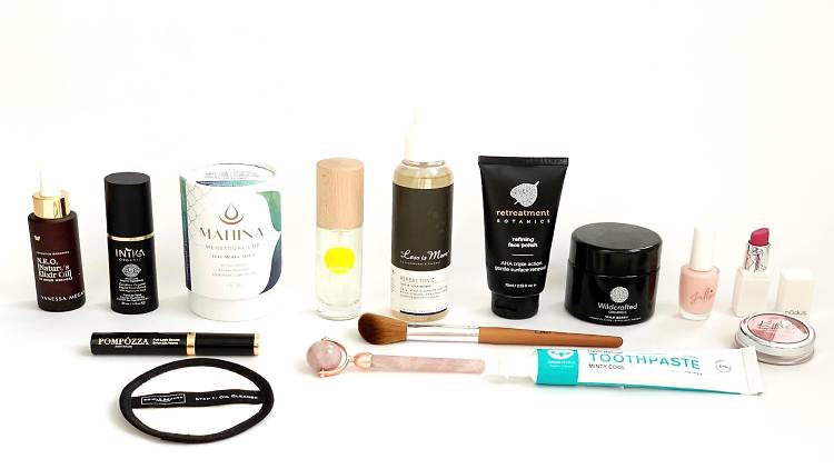 Beauty products in a line