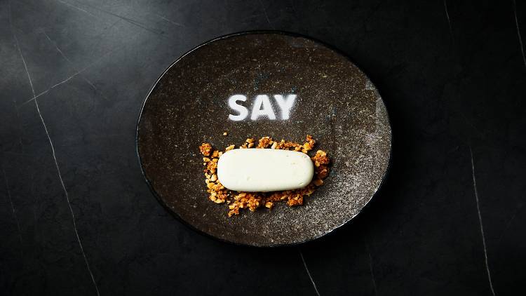 Plate with graffiti text, "Say" 