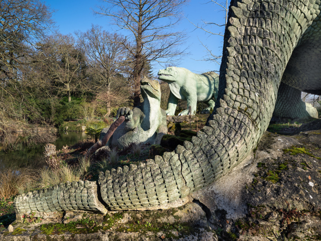 Crystal Palace Park’s dinosaurs are ‘at risk’ of extinction Image shows: Hylaeosaurus (140-133 million years ago), broken tail foreground; two Iguanodon behind (140-124 million years ago)