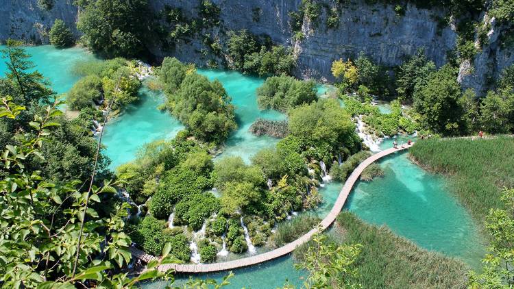 Trail crossing Plitvice Lakes National Park's lower lakes