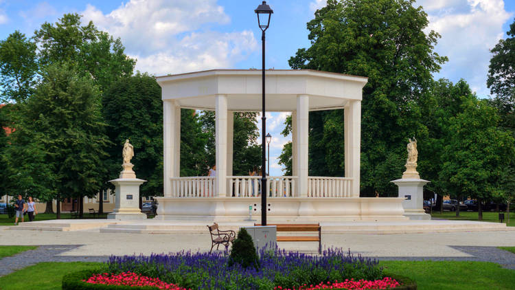 Flowers in front of the 1943 Bjelovar Pavilion, Europe's largest stone pavilion